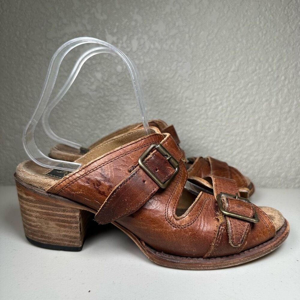 Freebird Womens 8 Caprice Sandals Brown Distressed Double Strap Buckle Mule Shoe